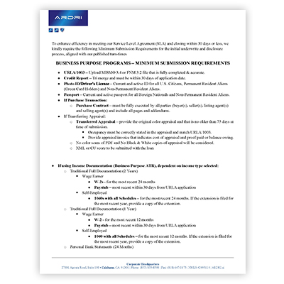Business Purpose – Minimum Loan Submission Requirements