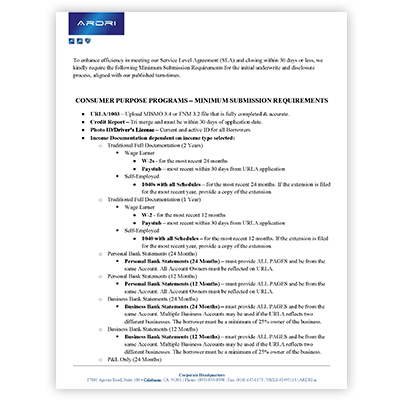 Consumer Purpose - Minimum Loan Submission Requirements